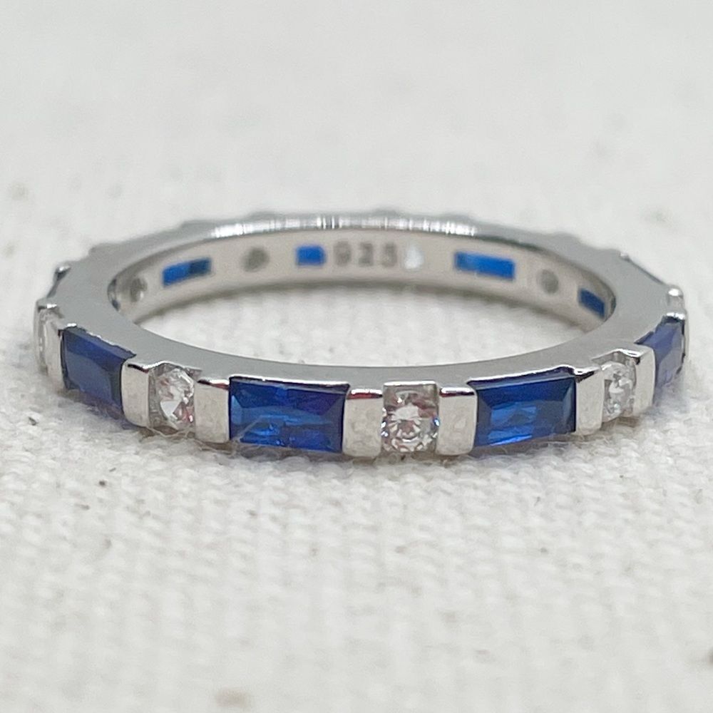 NEW Sterling Silver Simulated Sapphire and Simulated Diamond Eternity Ring - 7 - Picture 2 of 4